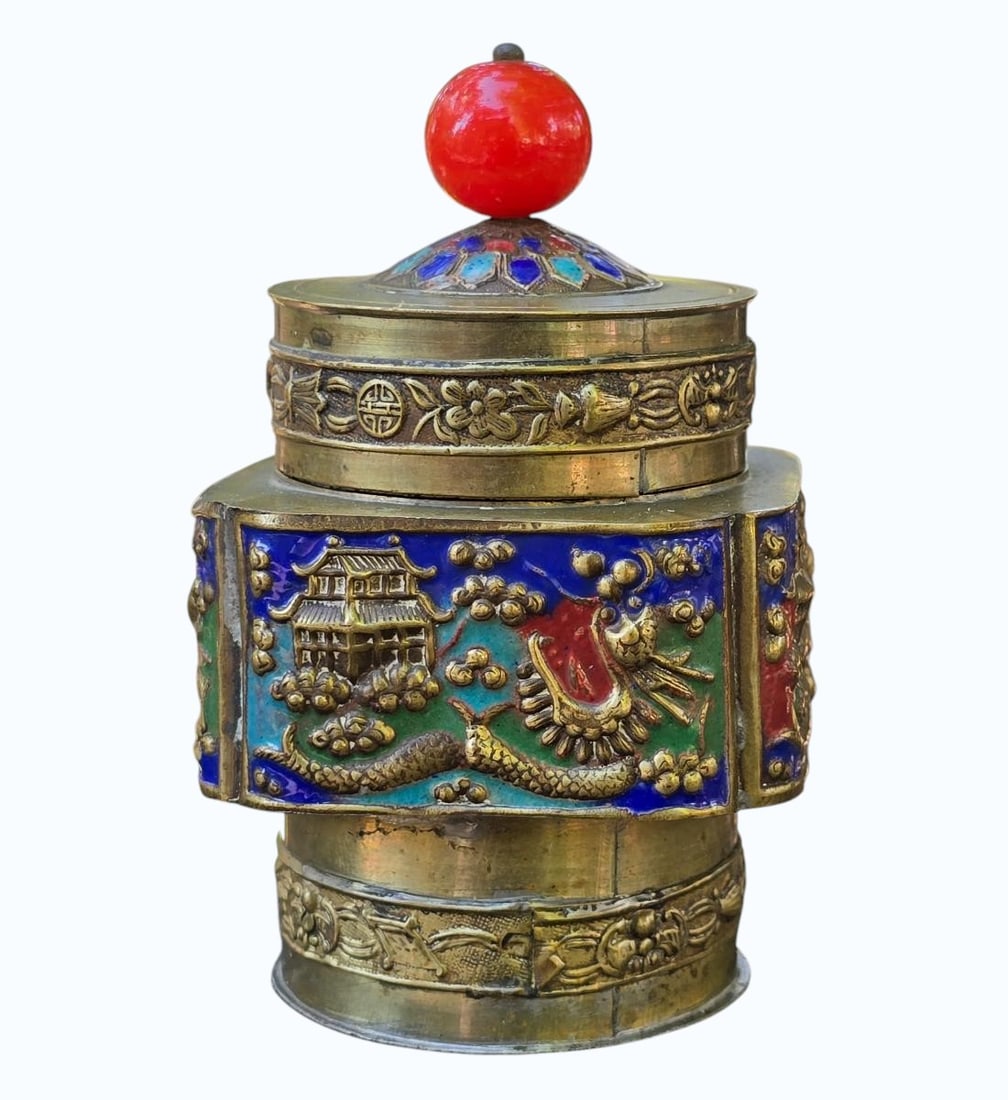 Antique Brass And Enamel Chinese Tea Caddy Ca 1920-30 (1 of 8)