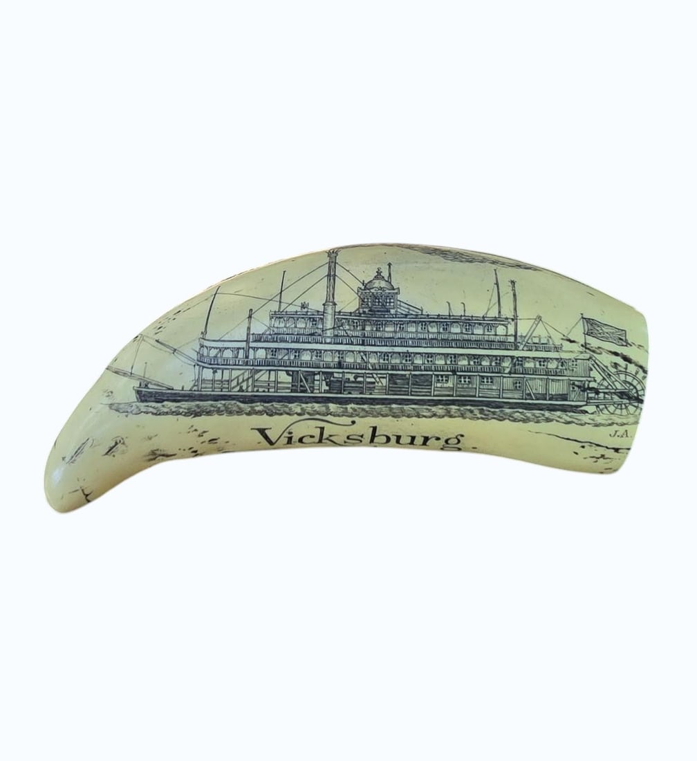 Scrimshaw Art in Resin "VICKSBURG": Scrimshaw Art in Resin "VICKSBURG". Measure 6 1/2" X 2.5" X 2". Items remaining in our possession after this time will be subject to forfeit or storage charges.
