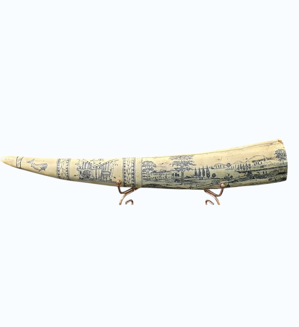 Scrimshaw Art in Resin "THE BLACK CAVALIER OF NEW BEDFORD": Scrimshaw Art in Resin "THE BLACK CAVALIER OF NEW BEDFORD". Measure 14 3/4" X 2 1/4" X 1 1/4". Items remaining in our possession after this time will be subject to forfeit or storage charges.