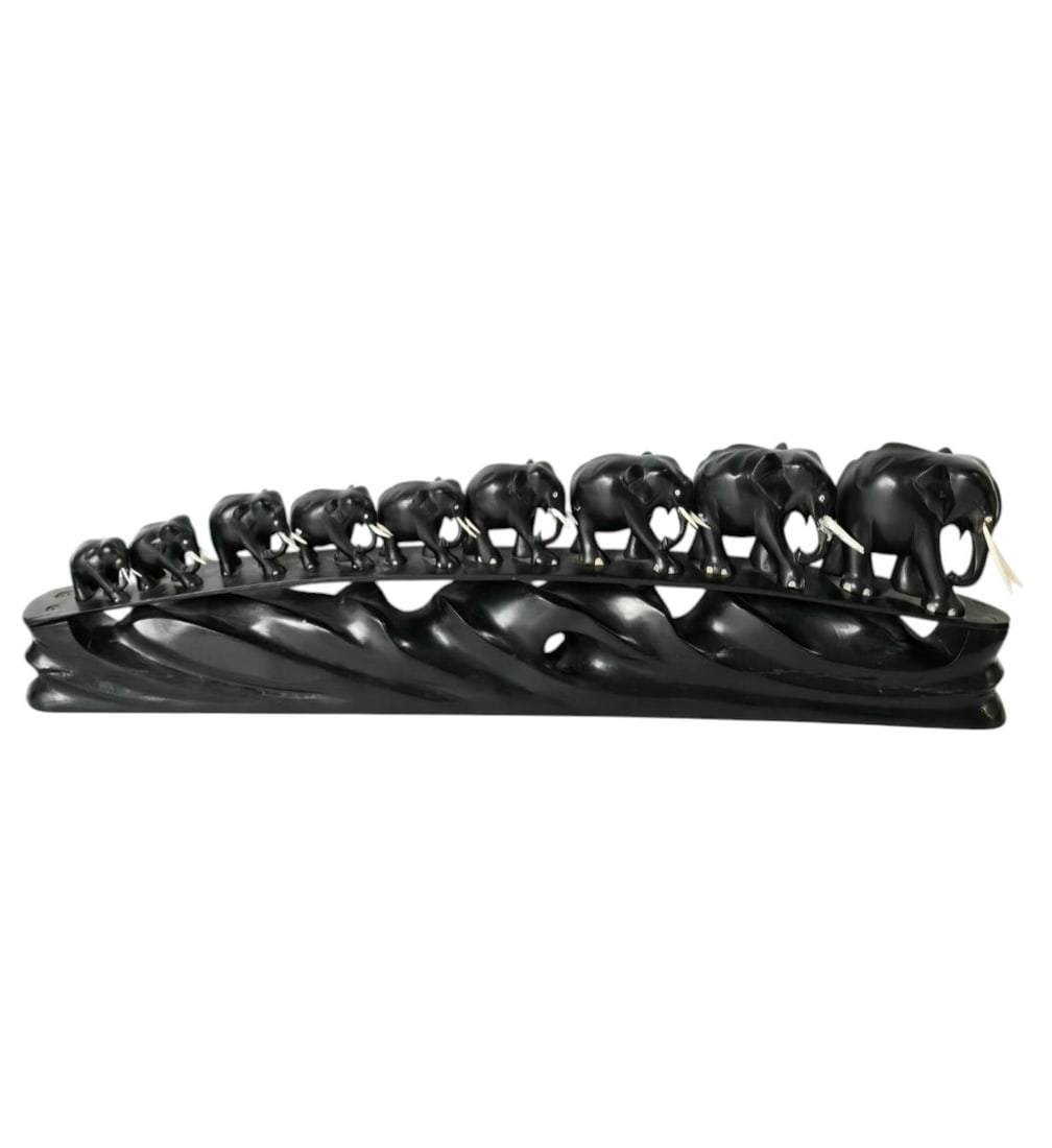 A Carved Ebonized Wood Grouping Of Graduated Elephants 30" Long (1 of 18)