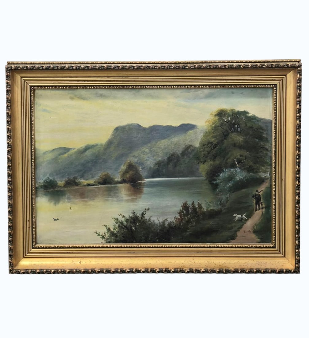 British A Winchester Oil On Canvas Landscape Painting Signed: British A Winchester Oil On Canvas Landscape Painting Signed. Frame Measures 22" X 16", Sight 11 3/4" X 17.5". Small Tear Present And Small Patch Of Missing Paint. All items must be retrieved or shipp