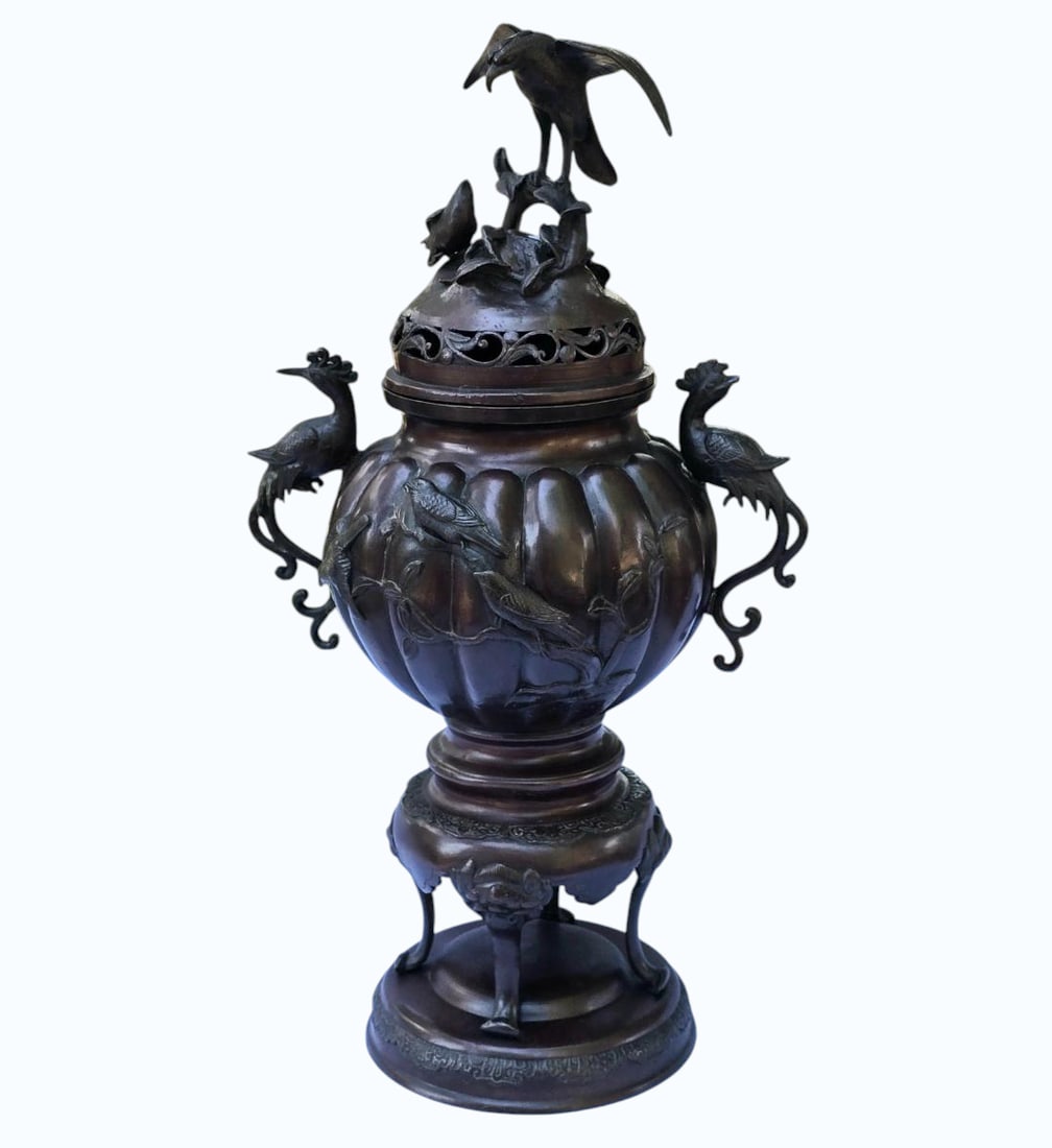 Fine 19th C Japanese Bronze Covered Censer/Incense Burner w/Birds (1 of 17)