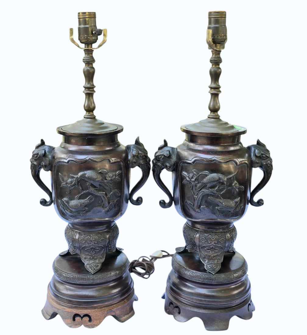 Pair Fine 19th C Japanese Bronze Vases/Lamps Decorated w/Birds & Elephant Handles (1 of 15)
