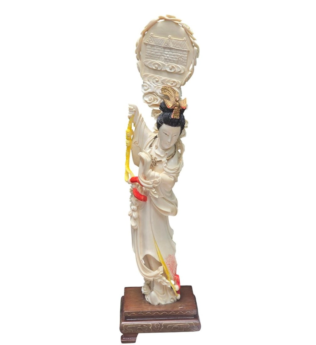 A Vintage Japanese Figure Of A Lady: A Vintage Japanese Figure Of A Lady. Measures 12" Tall not including small wooden stand (Missing A Tiny Piece Of Wood). All items must be retrieved or shipped within 15 days of auction end. Items rema