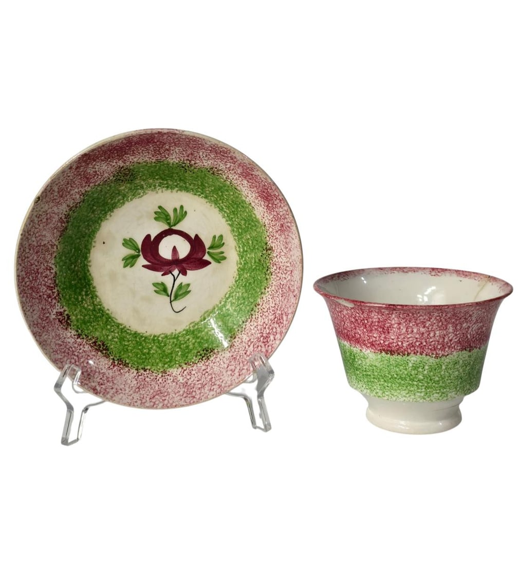 Early Staffordshire 2 Color Spatterware Tea bowl And Saucer (Not Perfect) Ca 1810-1830: Early Staffordshire 2 Color Spatterware Tea bowl And Saucer. Saucer measure 5 3/4" X 1 1/4", Tea Bowl 4" X 3". All items must be retrieved or shipped within 15 days of auction end. Items remaining in 