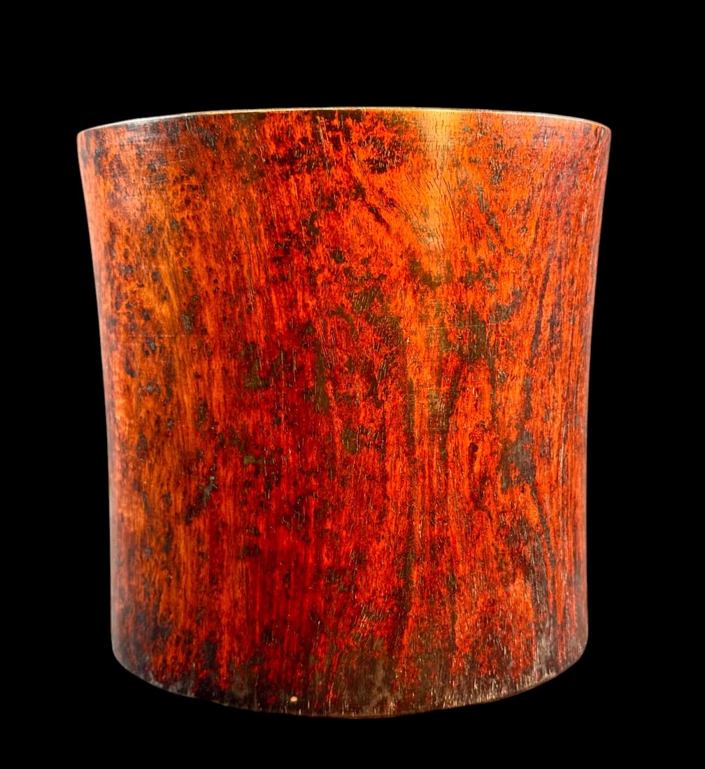 A Large Huanghuali Brush Pot, 18th C: Rare Chinese Huanghuali “ghost faces” 18th century “bitong” or brush pot. Measures 8.5” tall and 9” wide. PLEASE NOTE THIS ESTATE AND ITEMS ARE IN ST CHARLES MO, ITEMS WILL