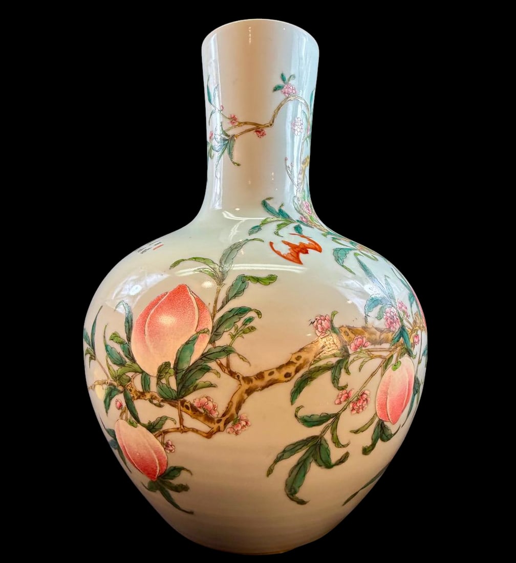 Magnificent and rare Chinese 9 peach porcelain vase (Tianqiuping) form signed: Magnificent And Monumental Vase. Poem inscribed and dated 1873. Bears an honorary apocryphal Qianlong mark. This is a very rare piece is in excellent condition. Acquired from the estate of Kenneth Chi