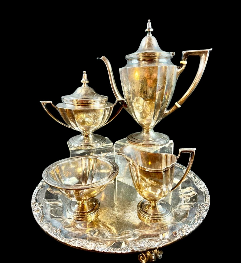 Antique Wallace sterling silver tea / coffee set four pieces, plus associated silver tray 1284 Grams (1 of 8)