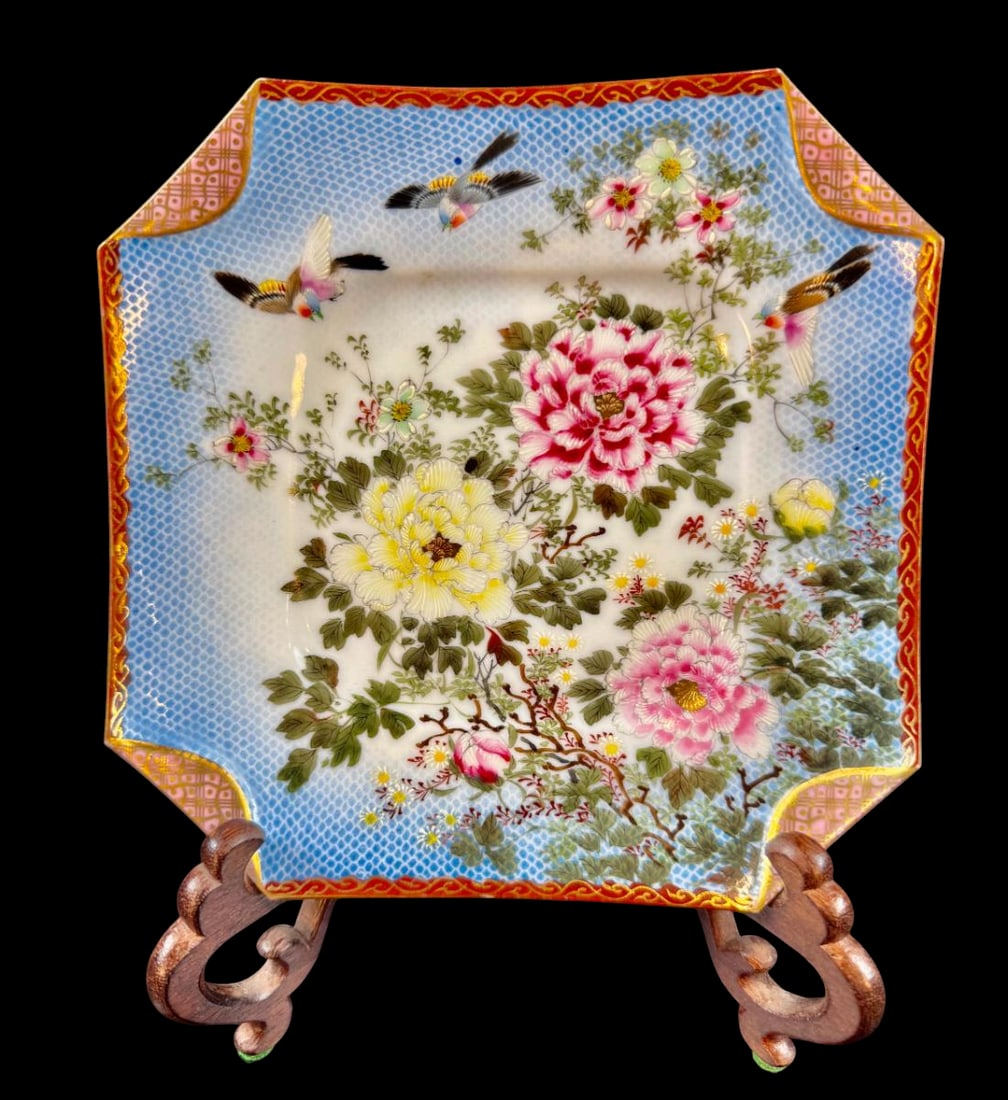 Astounding Quality Japanese Meiji Period Enamel Cloisonne Plate: Astounding quality Japanese Meiji period, most likely satsuma maker, decorated in folded corner style with birds and floral profusely decorated. Excellent condition. Measure 9” across. PLEASE NO