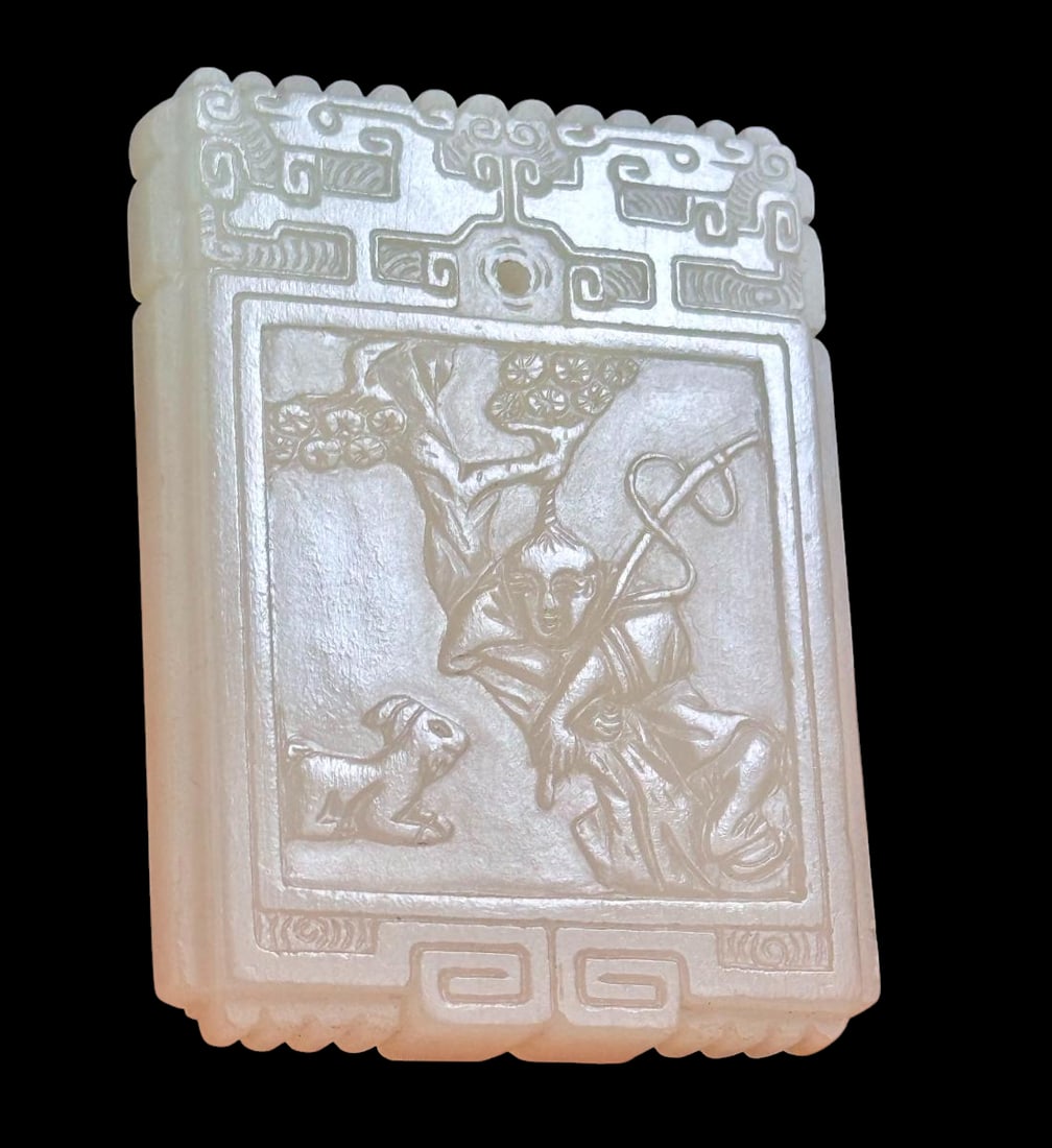 Antique white jade carved plaque pendant signed Lu Zhang with Calligraphy Poem: Antique white jade carved plaque pendant. One side depicts a boy with a ram and the other side is a stylized calligraphy poem. Signed Lu Zhang, one of the most famous jade carvers in this style. Measu