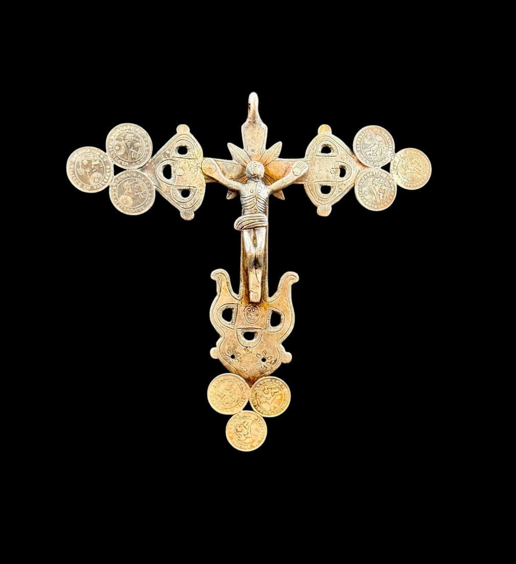A beautiful example of a large crucifix pendant formed from copper and silver (1 of 6)