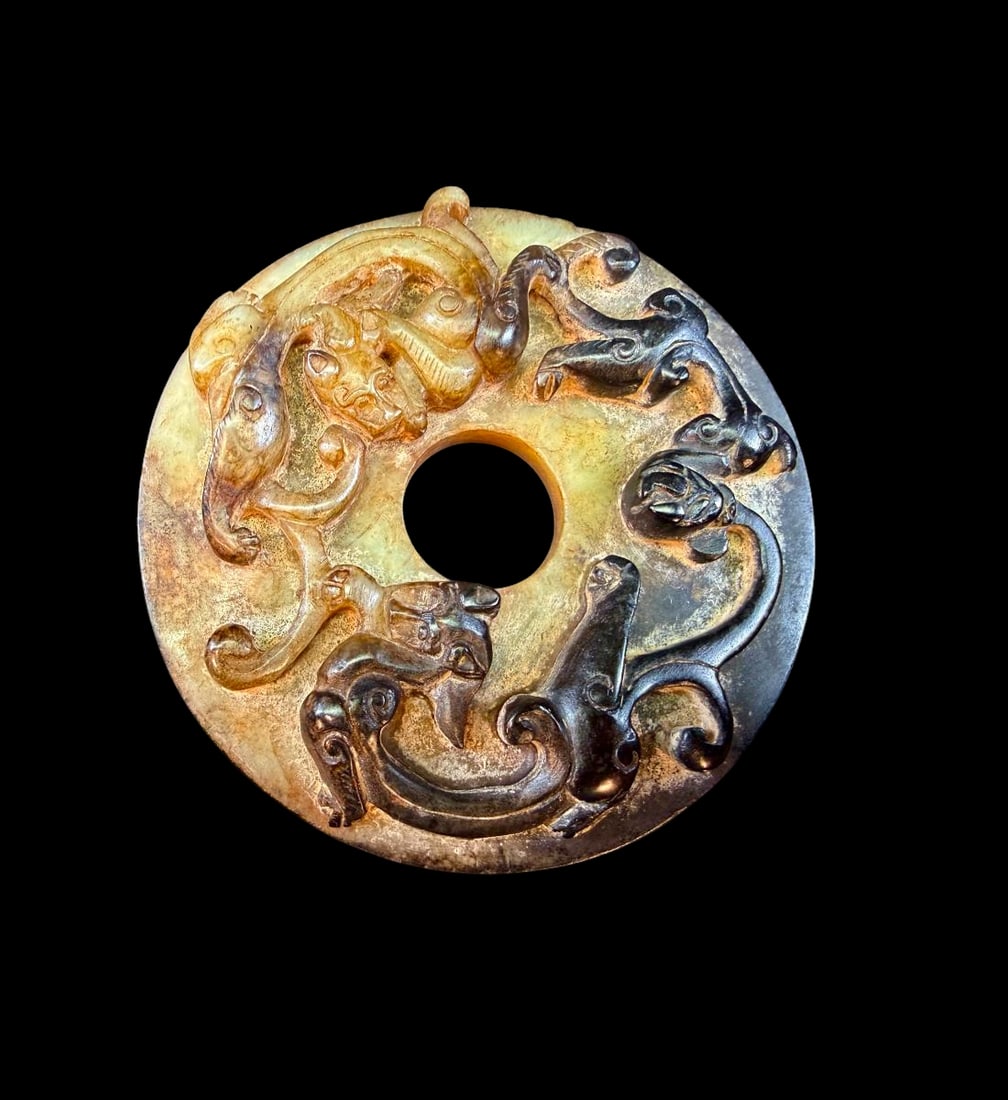 Important and exceedingly rare authentic Ming dynasty or earlier antique Chinese carved jade bi disc (1 of 20)