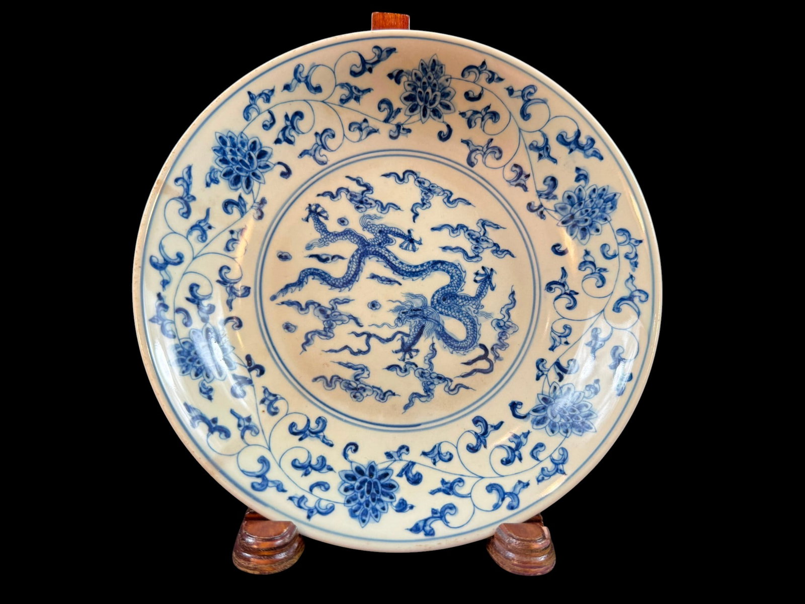Antique Chinese blue and white dish with dragon and a rolling tenrils with mark (1 of 16)