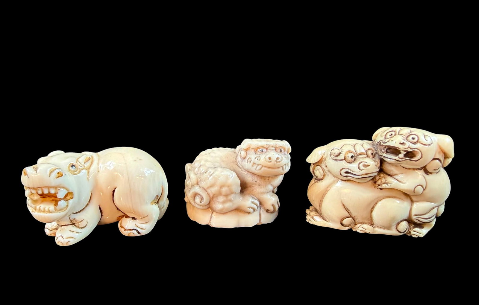 Group of 3 antique carved Japanese figures signed meiji period (1 of 10)