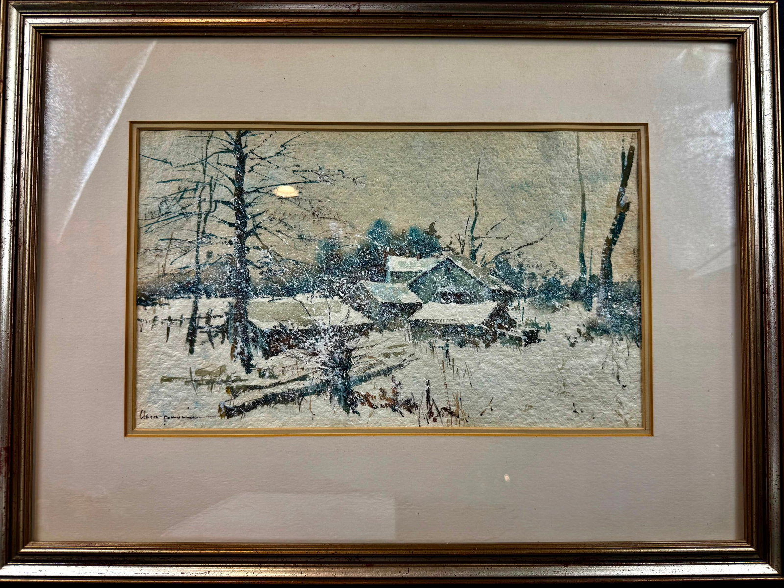 Clem Albert Gouveia ( 1917-2003) New York artist. Snow scene of Hudson Valley New York: Clem Albert Gouveia ( 1917-2003) New York artist. Snow scene of Hudson Valley New York. Measures Overall 21” x 16”, Sight 14” x 8.5.Signed and annotations on reverse. PLEASE NOTE THI