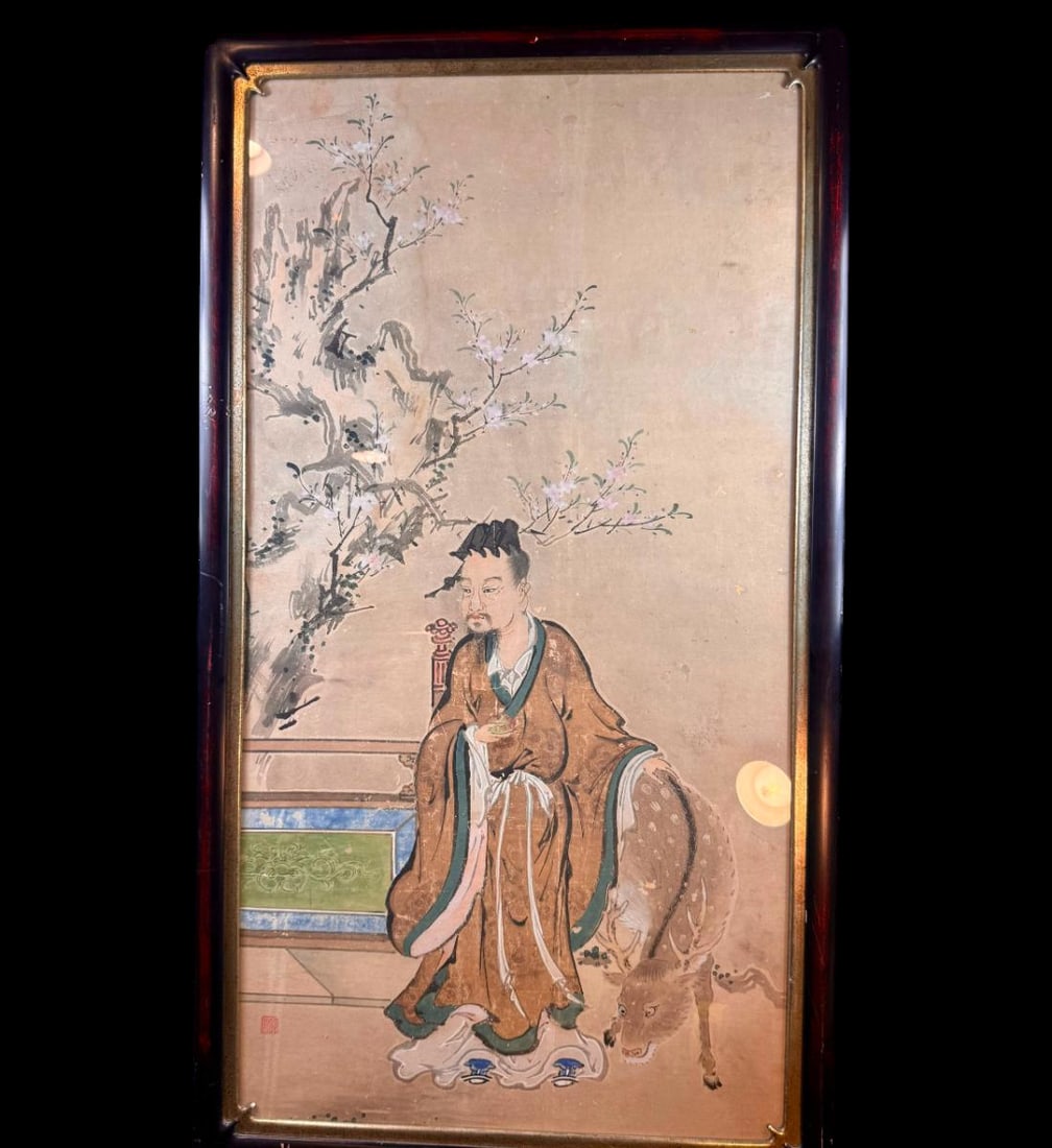 Antique Chinese 18th to early 19th century painting: Antique Chinese 18th to early 19th century painting, depicting sage with deer. Signed in lower left corner. Measures 37” x 22”. Excellent condition. PLEASE NOTE THIS ESTATE AND ITEMS ARE I