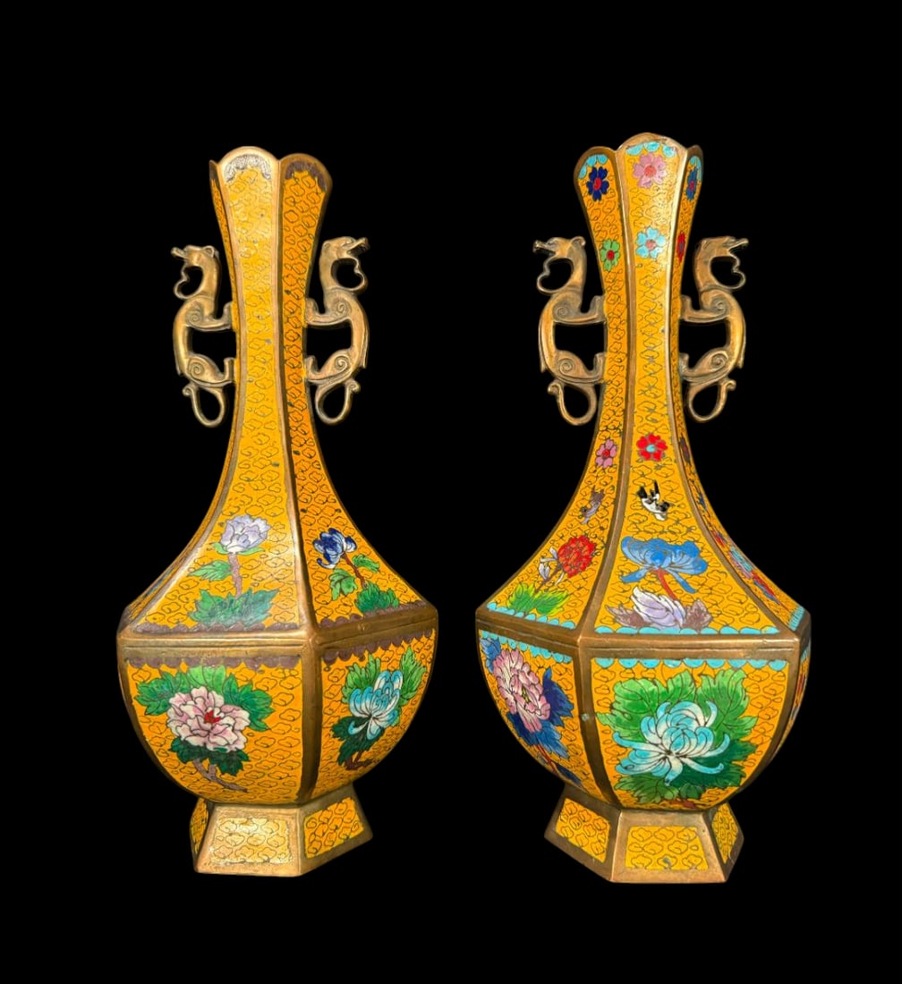 Pair of antique Chinese cloisonne vases with character mark: Pair of antique Chinese cloisonne vases with signature on underside. Measures 13.5” tall. Excellent condition. PLEASE NOTE THIS ESTATE AND ITEMS ARE IN ST CHARLES MO, ITEMS WILL BE SHIPPED OR PI