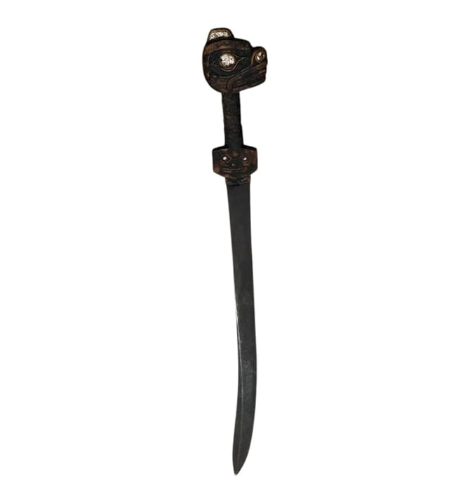 Rare Large 19th century Tlingit / Haida northwest coast sword: Rare Large 19th century Tlingit / Haida northwest coast sword with Russian forged iron blade. Measures 33.25” overall length. PLEASE NOTE THIS ESTATE AND ITEMS ARE IN ST CHARLES MO, ITEMS WILL B