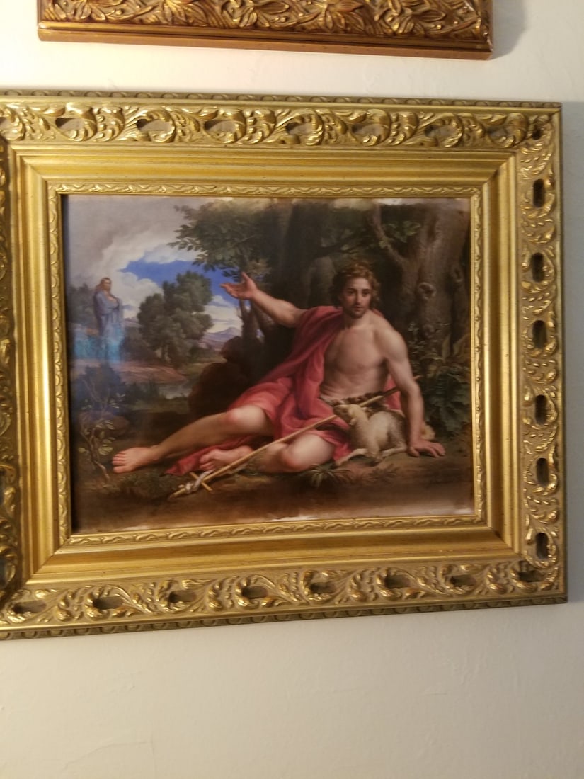 KPM PLAQUE John the Baptist, Resting : John the Baptist, Resting PLAQUE 13 X10 PLAQUE WITH FRAME 16 X 18 The KPM porcelain plaque of John the Baptist, Resting by the Italian Baroque artist Pompeo Girolamo Batoni (1702-1787)is a highly soug
