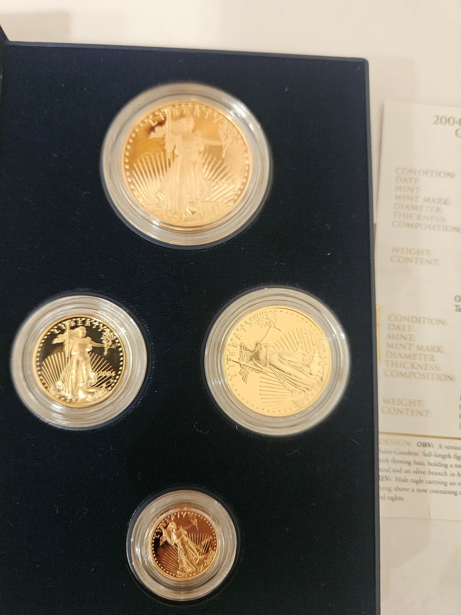 2004 AMERICAN EAGLE 4 COIN GOLD: 2004 PR 70 AMERICAN EAGLE 4 COIN GOLD DEEP CAMEO ORIGINAL DROP DATE 5.24.04 ONLY 21,797 SETS MINTED