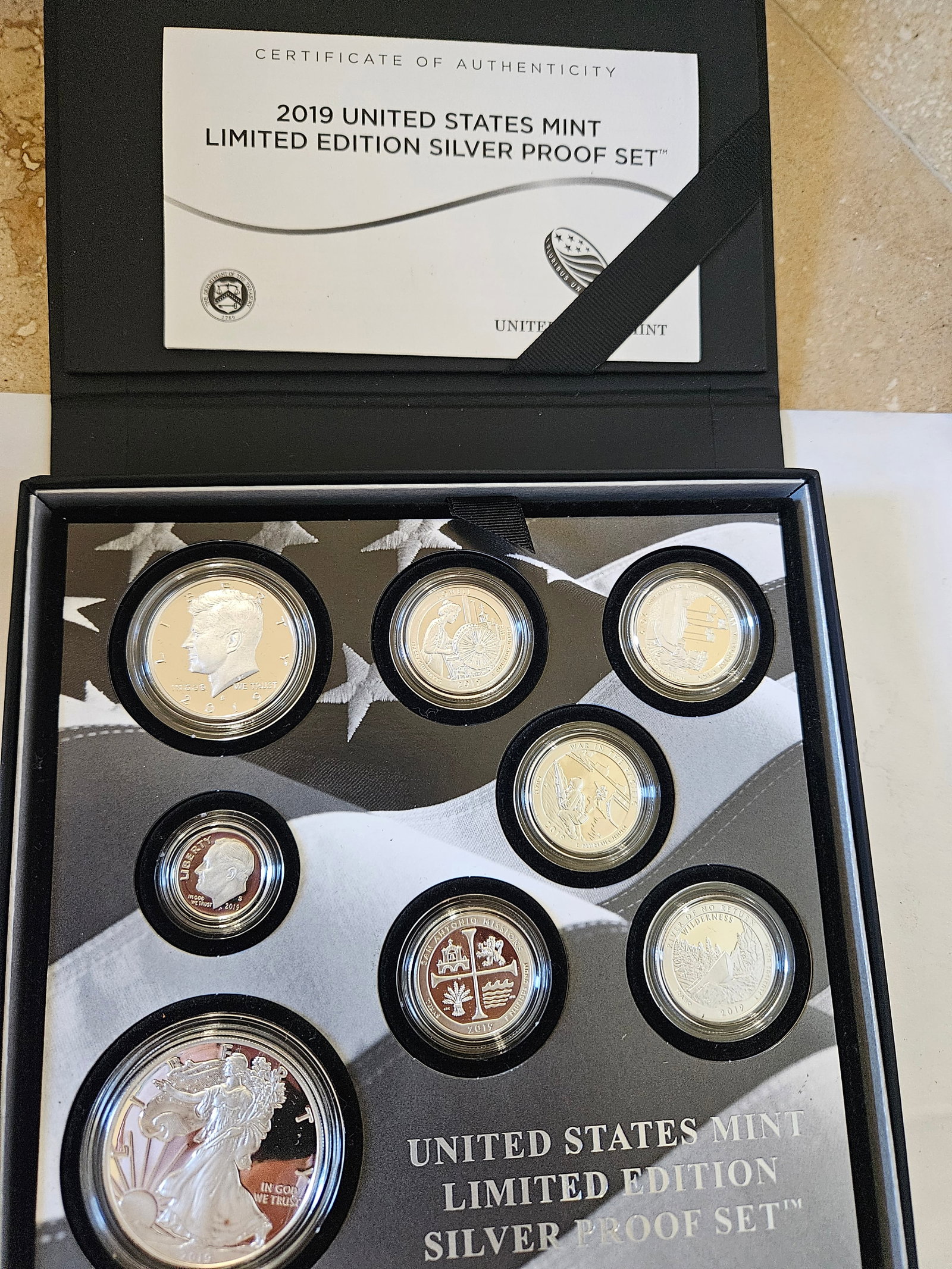 2019 LIMITED EIDITION SILVER PROOF SET: 2019 LIMITED EIDITION SILVER PROOF SETPR 70 DEEP CAMEO ORIGINAL DROP DATE 10.17.19 ONLY 47,404 IN EXISTENCE . THIS IS THE VERY FIRST YEAR THAT ALL EIGHT COINS IN THE SET WERE STRUCK IN 99.9% FINE PUR 