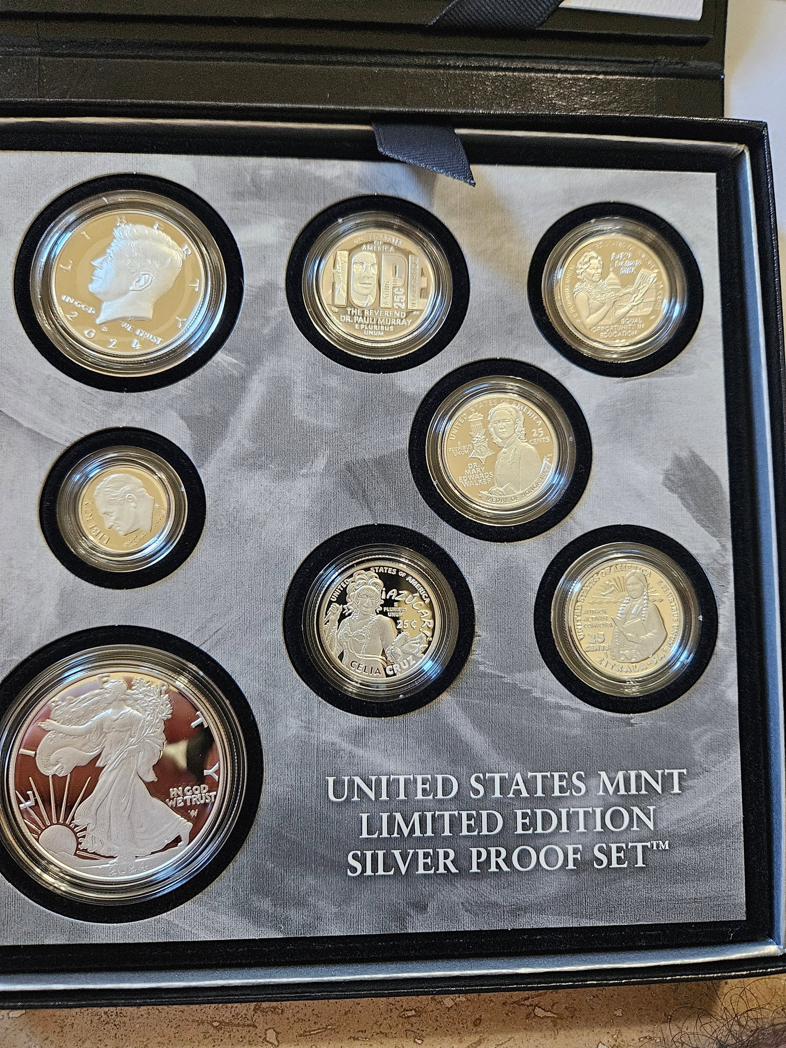 2024 LIMITED EDITION SILVER PROOF SET: 2024 LIMITED EDITION SILVER PROOF SET 2 PR70 DEEP CAMEO ORIGINAL DROP DATE 11.25.24 ONLY 26,180 IN EXISTENCE . THIS IS THE VERY FIRST YEAR THAT ALL EIGHT COINS IN THE SET WERE STRUCK IN 99.9% FINE PUR