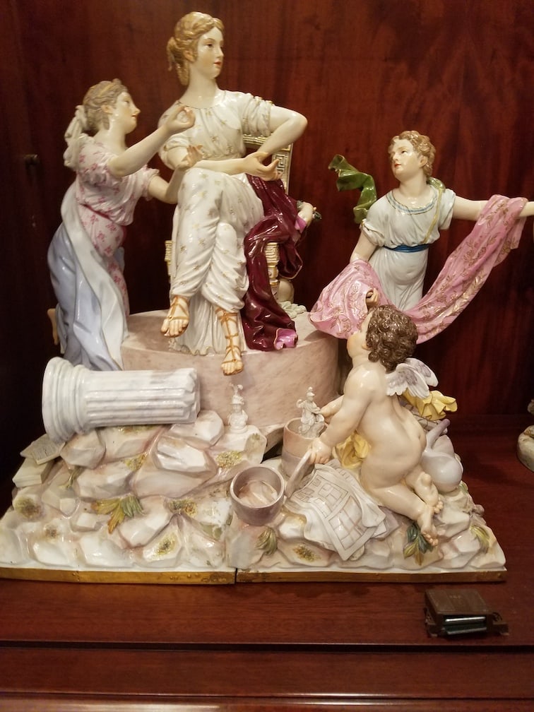 MEISSEN ROCOCO REVIVAL CENTERPIECE: A large Meissen figural centerpiece with these specific markings typically identifies a high-style Rococo revival piece from the Knauf period (c. 1860–1924). 16Tx18Wx13DIdentification of Marks&#