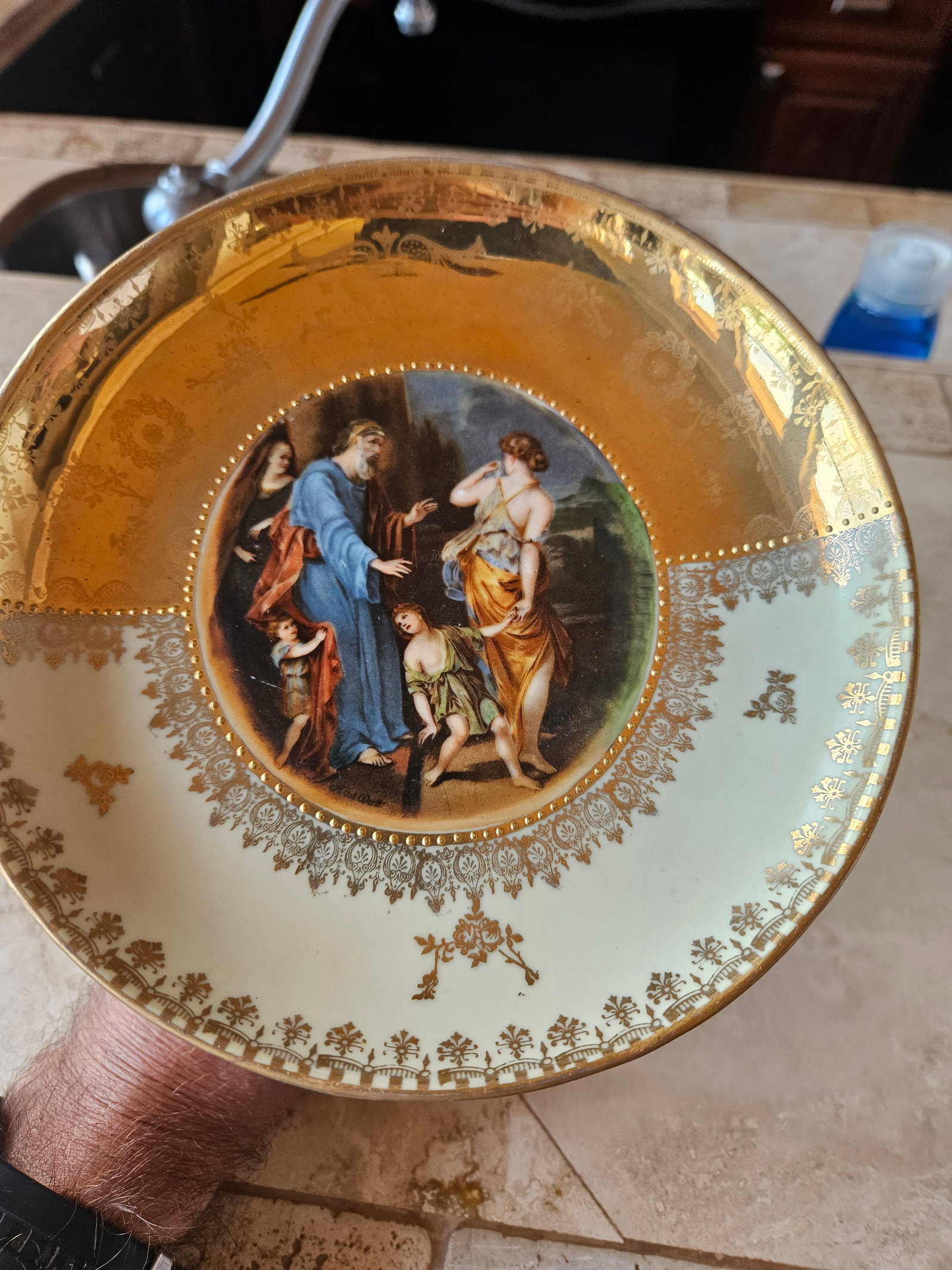 EXPULSION OF HAGAR AND ISHMAEL CIRCA 1898 COMPOTE: The Expulsion of Hagar and Ishmael 7.5 X 7.5This compote of The Expulsion of Hagar and Ishmael circa 1898 is a highly sought-after 19th-century decorative art piece. It is a hand-painted reproduction 