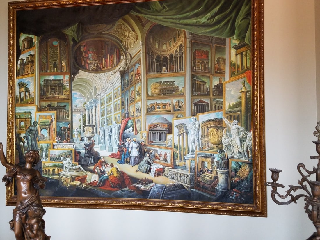 ESTATE SIZED OIL PAINTING: Interior of a Picture Gallery with the Collection of Cardinal Silvio Valenti Gonzaga (1740) is a celebrated oil-on-canvas masterpiece by the Italian Baroque painter and architect Giovanni Paolo Panini