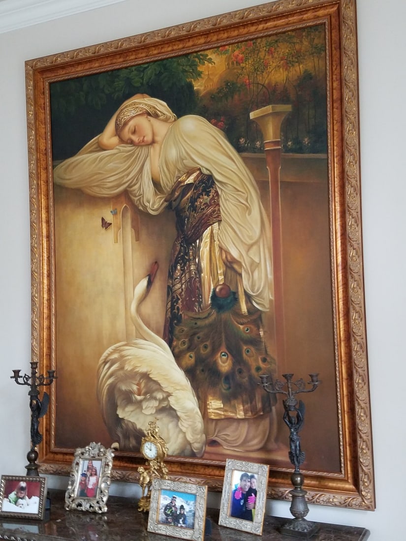 ESTATE SIZED OIL PAINTING: Odalisque (1862) is a notable oil-on-canvas painting by the British Victorian artist Frederic Leighton (1st Baron Leighton). It is a key example of 19th-century Orientalism, a style that romanticized 
