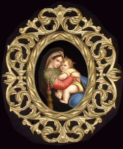 KPM PLAQUE LA MADONNA DELLA SEGGIOLA: LA MADONNA DELLA SEGGIOLA BY RAPHAEL 1513 PLAQUE 7.5 X 5 PLAQUE WITH FRAME 13 X 11The original painting of La Madonna della Seggiola (or Madonna of the Chair), painted by Raphael around 1513–151