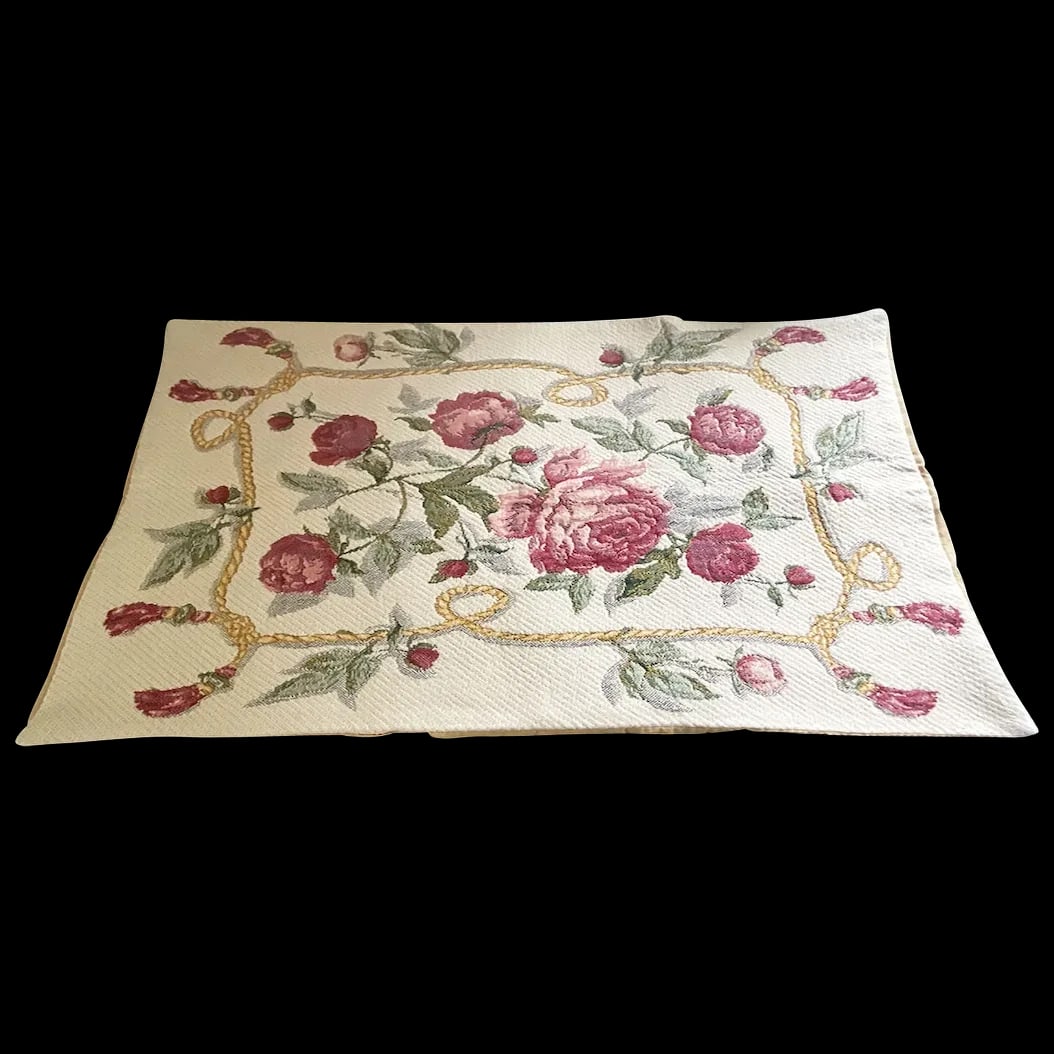 Pillow Shams: Pair 100% Heavy Cotton Shams Victorian Style beautiful set of high quality pillow shams, cotton fabric designed with roses, green leaves, gold cord and red tassel pattern The back is a solid gold-tone