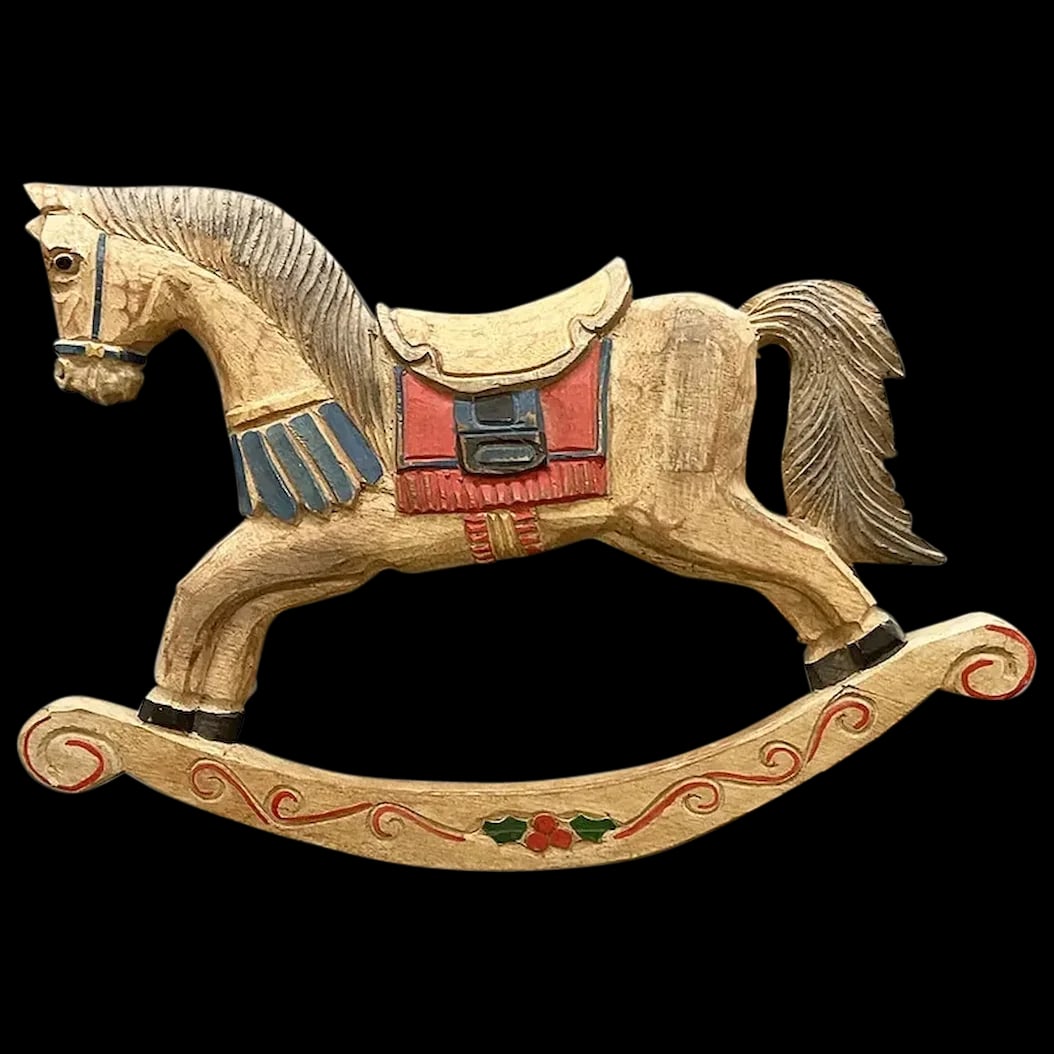 Rocking Horse: Hand carved and Hand Painted Wood Rocking Horse Wall Plaque. This would make great wall plaque for a Childs room. It could also be used as Christmas decor since it has a holly leaf with berries on its