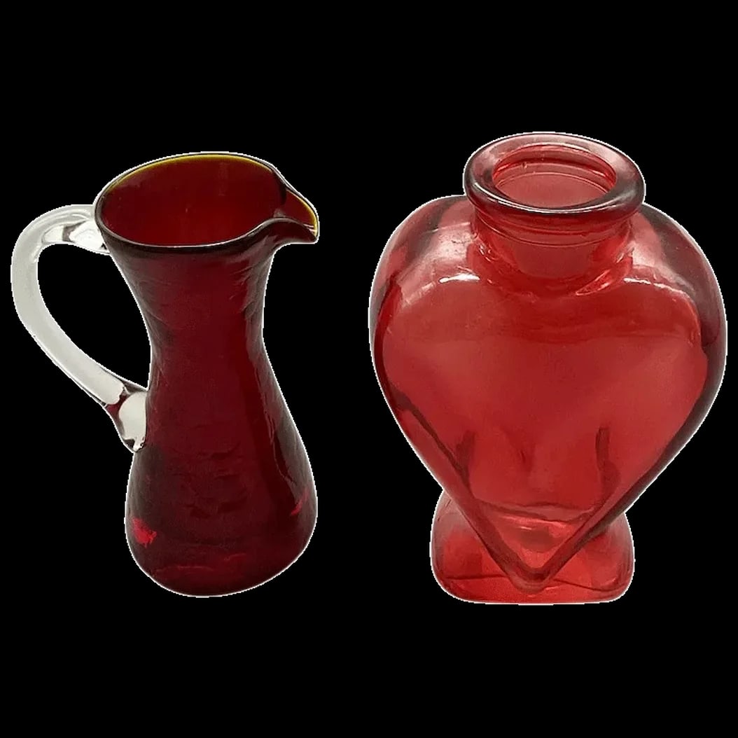 Petite Red Glassware: Hand Blown Miniature Pitcher and heart shaped Vase made by Knobler Spain and are in mint condition with the original Knobler sticker on the bottom.