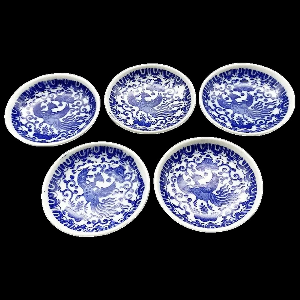 Dipping Sauce Dishes: Set of 5 Japanese Dipping Sauce Dishes in blue and white transferware featuring a phoenix with wings spread. They are used for teriyaki and soy sauces when serving Japanese Cuisine such as sushi and