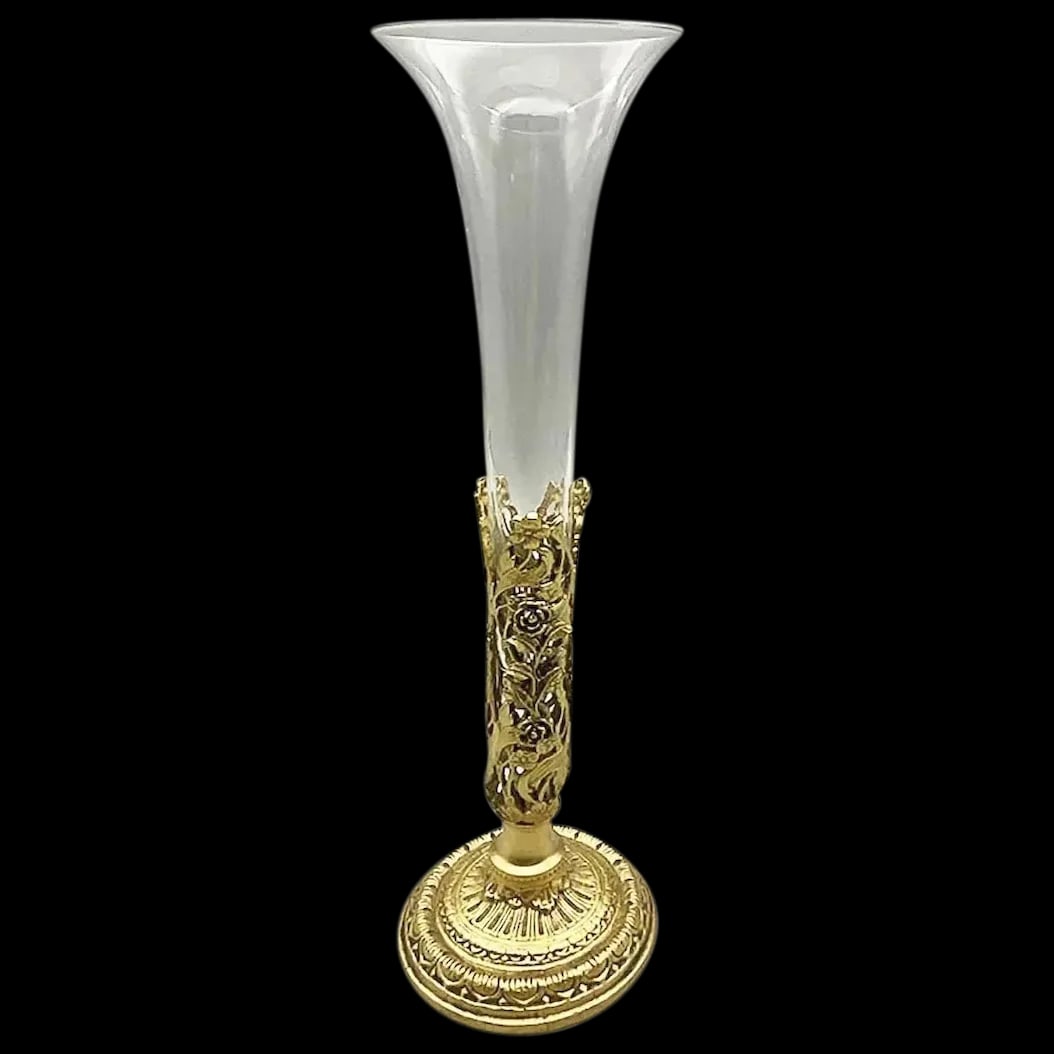 Vase: Ormolu Vase Trumpet Shaped Glass Inserts into a stunning Ormolu ornate base It measures 14 inches tall and is in excellent vintage condition. It presents beautifully. Please see matching pieces to