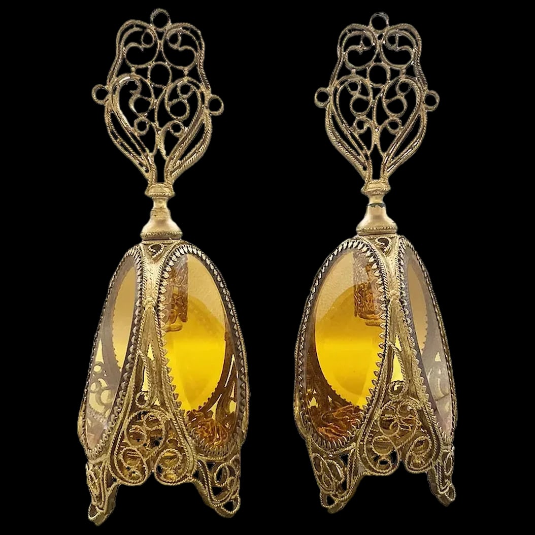 Perfume Bottles: Pair of Large Stunning Ormolu and Amber Perfume Bottle signed. The they are large with 3.5 inch amber oval panels. The daubers feature a gilded swirl motif which measures 3.5 inches high with a