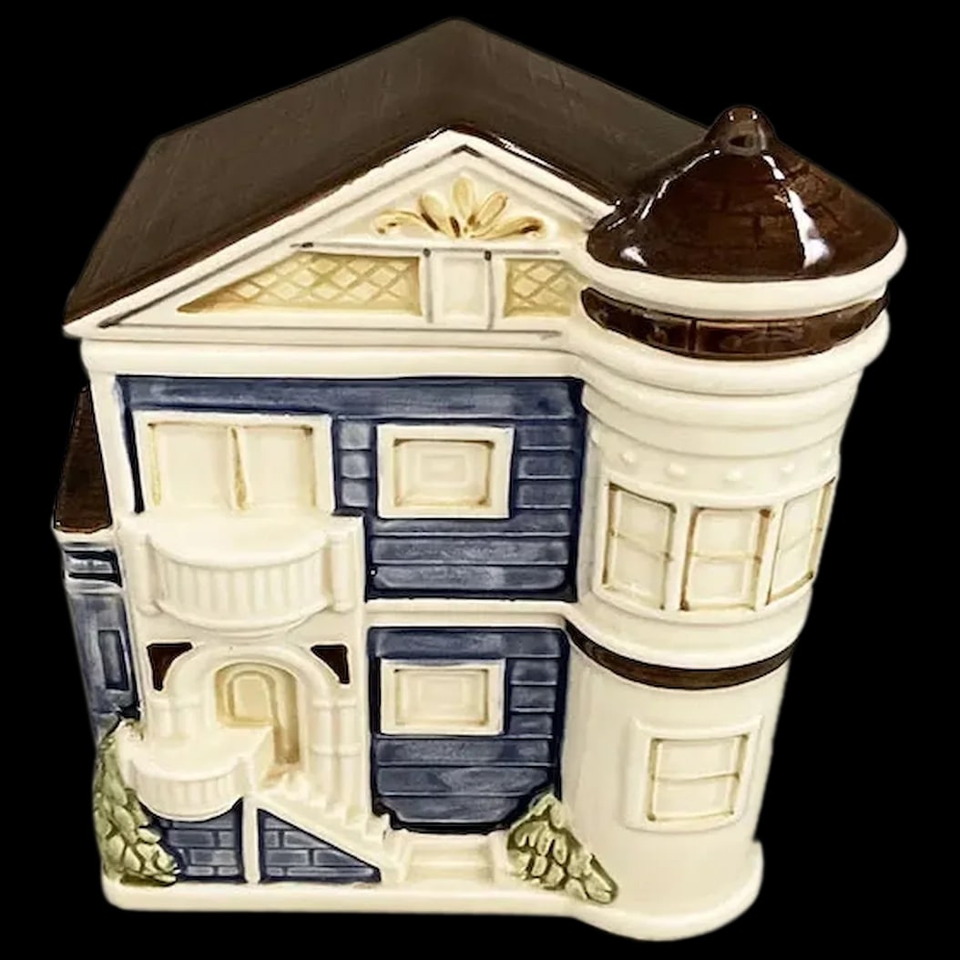 Canister: Franciscan Victorian Style Row House Canister marked Otagiri a name that many collectors recognize. Otagiri products were handcrafted and hand painted. This company hired talented artists to design