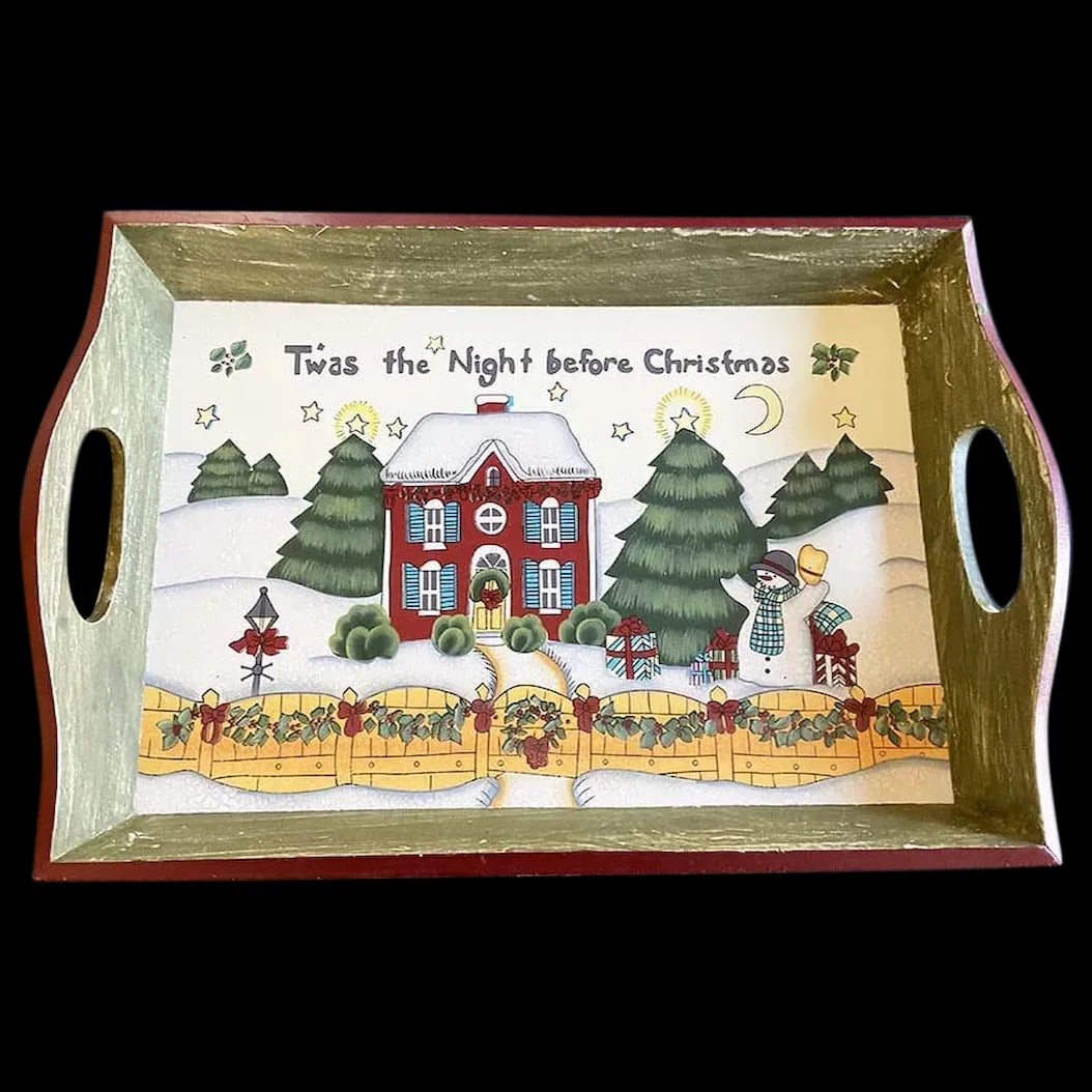 Serving Tray: Portermirion A Christmas Story Twas The Night Before Christmas Tray Illustrated by Susan Winget discontinued. Made from wood across the top it reads “Twas the Night Before Christmas” It