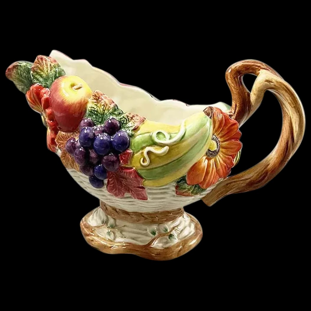 Gravy Boat: Fitz and Floyd Autumn Bounty Gravy Boat will make your fall /Thanksgiving Table more festive. It will brighten your table with it gorgeous fall foliage, flowers, fruits, and veggies. All pretty