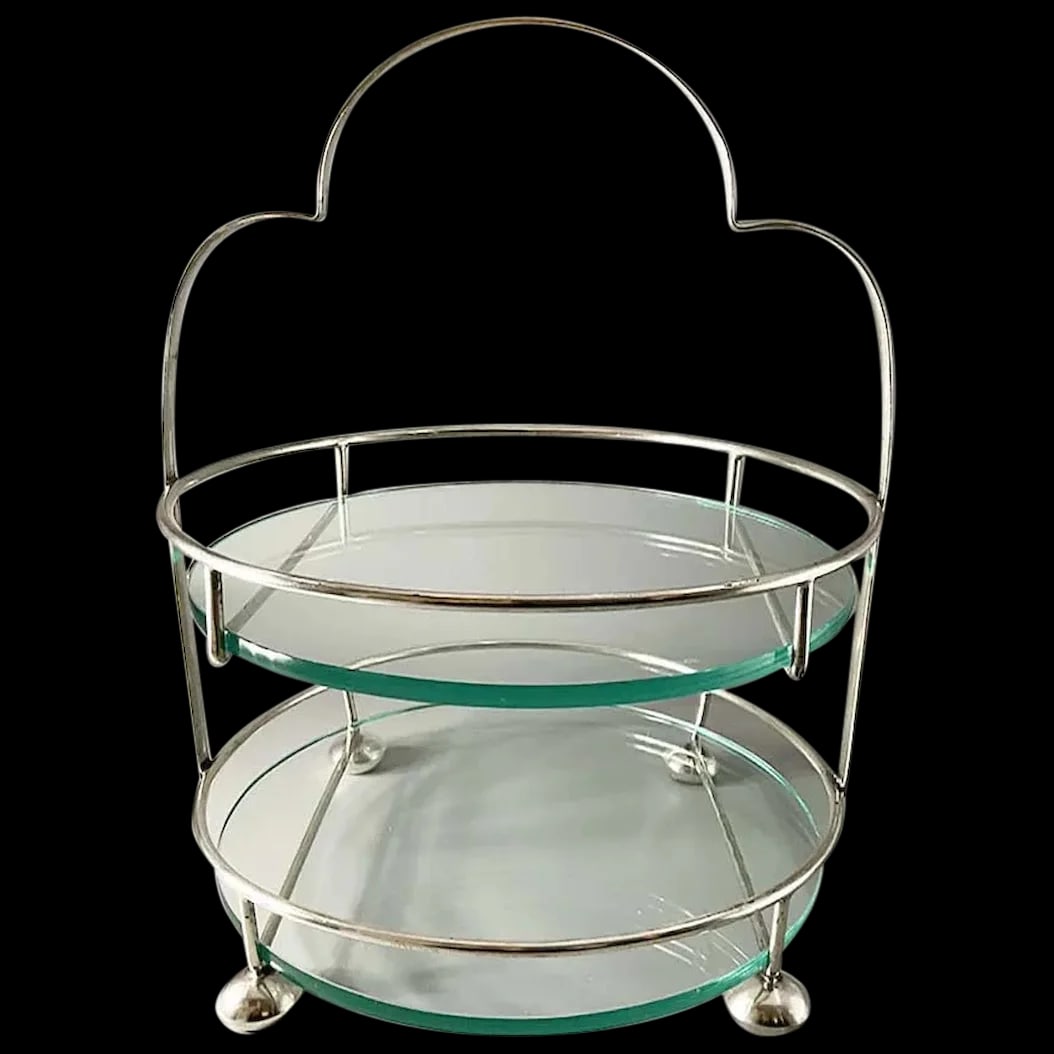 Serving Tray: Two-Tier Serving Tray with round Glass Shelves marked Yeoman 1940’s that will display anything from appetizers to pastries very elegantly. It will work with any color theme and can be used for