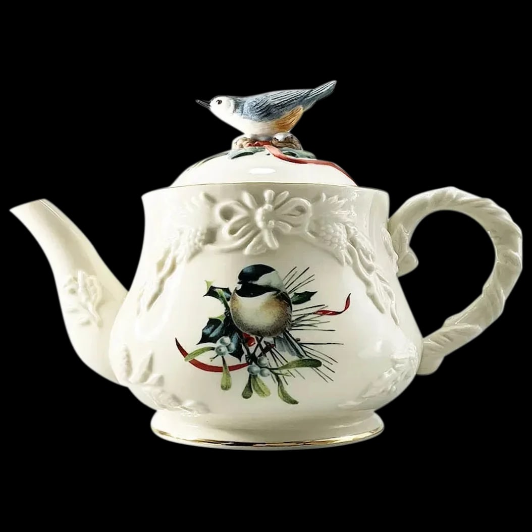 Teapot: This is the beautiful ca., 1980’s Lenox Winter Greetings Chickadees Teapot by Catherine Mac Clung is Hand-painted, made of fine porcelain, There is a sweet little chickadee finial on the lid