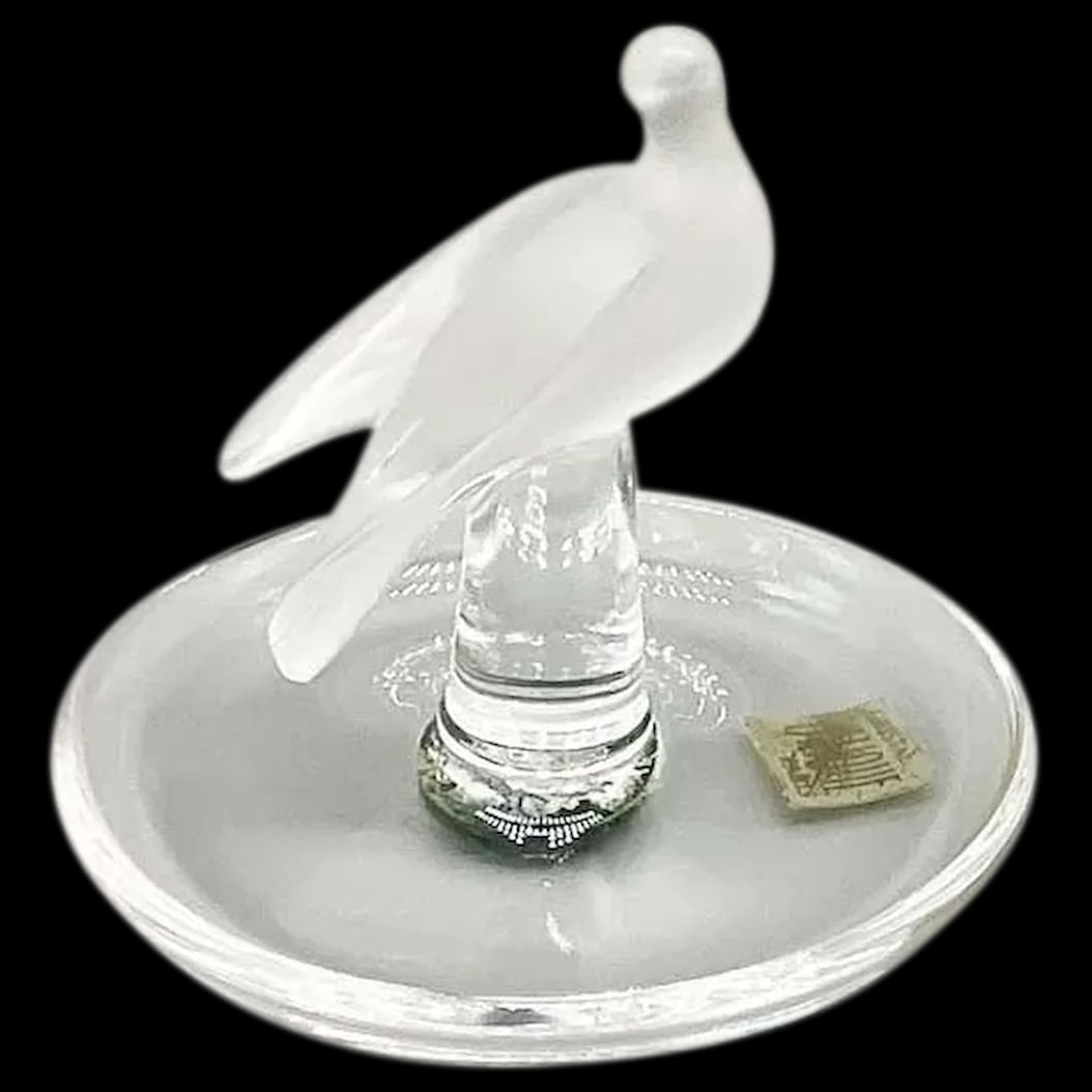 Ring Tray: Lalique Wings Down Ring Tray Frosted and Clear Crystal by Marie Lalique. Here we have the elegant Lalique Dove, Wings Down Ring Tray. It is frosted and Clear Glass designed by Marie Lalique, Ca.,