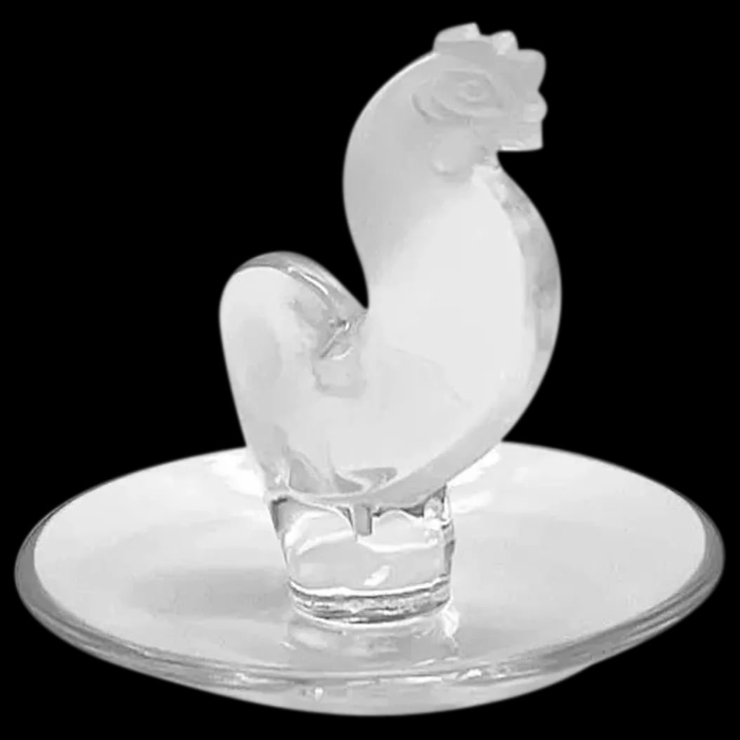 Ring Tray: Lalique Art Glass Rooster Crystal Ring Tray. During the first World War the rooster became the symbol of France’s symbol of resistance and bravery. The Gallic rooster is the national animal of F