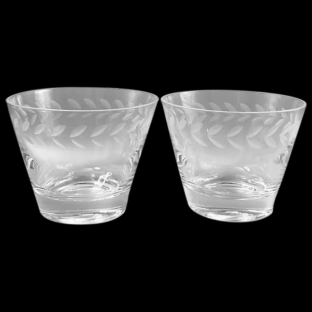 Rocks Glasses Pair: Quality Vintage Rocks Glasses Wheat Etched Pattern Here we have a pair of Quality vintage hand-blown rocks glasses. You can see the wheel marks and the tiny bubbles in the glasses showing that they