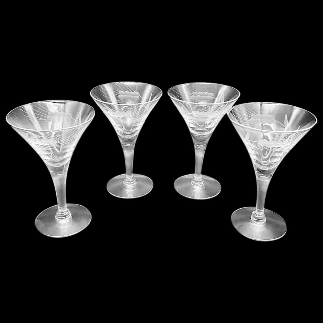 Stemware Glasses: (4) Crystal V Shaped Cocktail Wheat Pattern cocktail glasses. Ca., late 40’s to early 50’s. They are etched frosted and clear and are gorgeous. In excellent condition