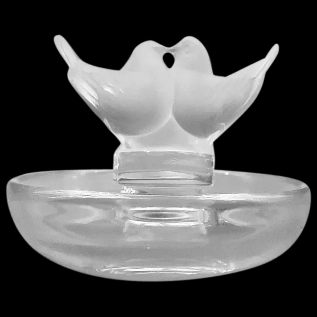 Ring Tray: Lalique Deux Colombes Two Doves These kissing doves are frosted on a clear tray and were created between 1960 to 1970. They are in excellent condition and signed in script Lalique France