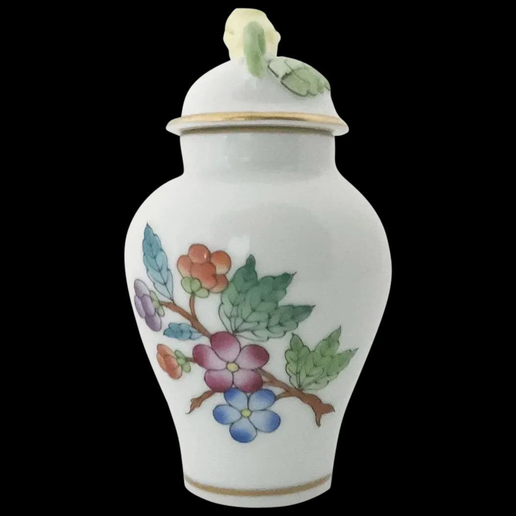 Petite Ginger Jar: Herend Queen Victoria Petite Ginger Jar with Yellow Rose Finial marked 7112/VA is hand painted and handmade in Hungary. The Yellow rose is symbolic of friendship. The ginger Jar has a bright
