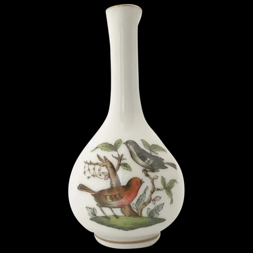 Petite Vase: Herend Rothschild Birds Vase marked 7112/VA made between 1960 to 1970. Handmade and handprinted in Hungary. The Rothschild Birds pattern has been used on fine Herend Pottery since 1948 and is still a 