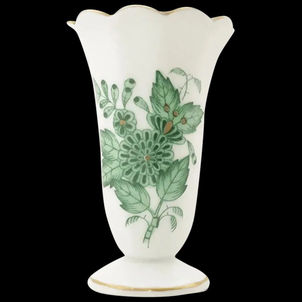 Petite Vase: Herend Green Chinese Bouquet Pattern Petite Vase hand painted with Gold Trim. It is Trumpet Shape and marked Hungary made between 1960 - 1970 in excellent condition.